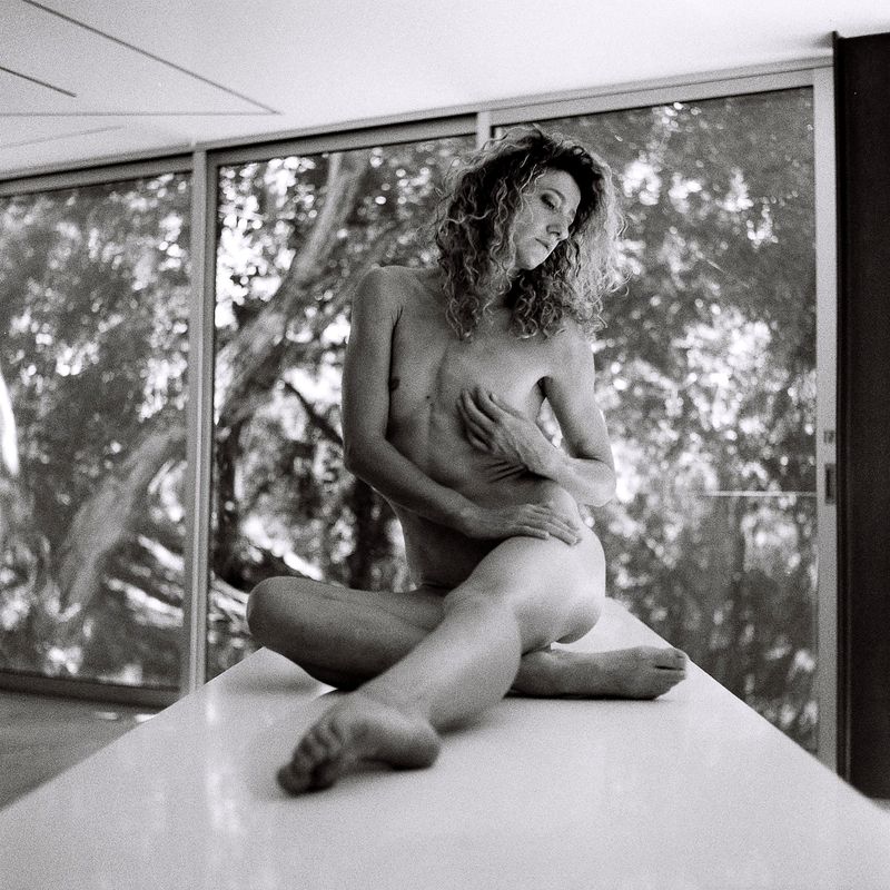 nude, fineart, blackandwhite, monochrome, woman, portrait, curls, window, glass, light, natural, architecture, modernism, garden, seated Window Seat, Noon (VC. 31) фото превью
