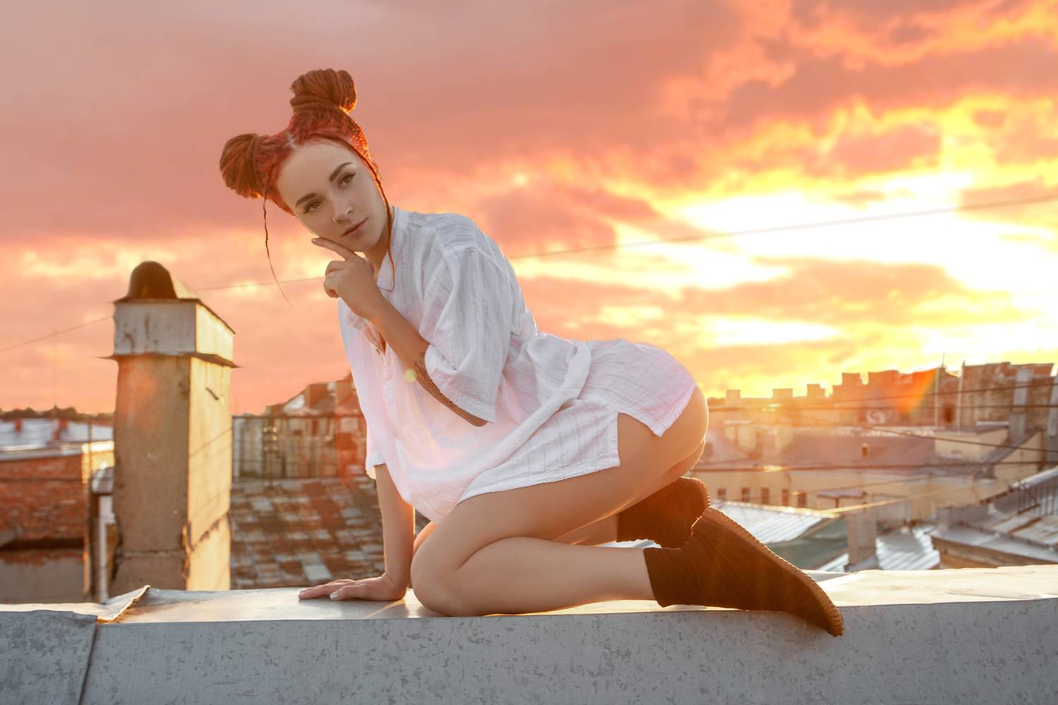 roof, sunset, walking, ginger, girl, ci, Kaprise Ivan