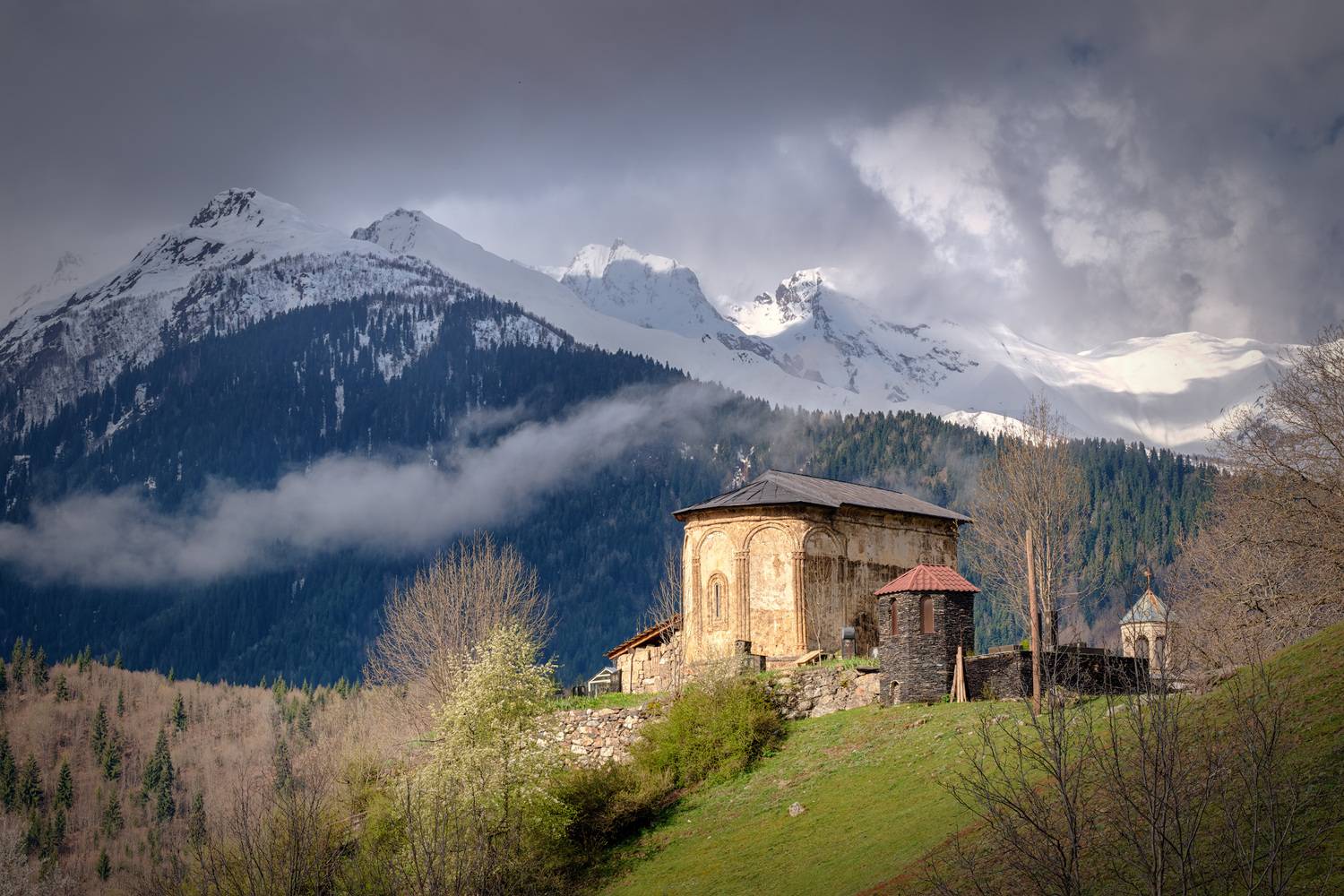 svaneti, latali, church, village, mountains, peaks, spring, high, landscape, scenery, travel, outdoors, georgia, sakartvelo, caucasus, chizh, Чиж Андрей