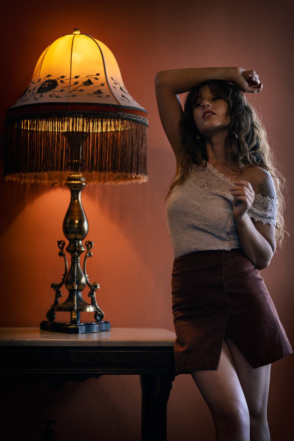 portrait, woman, lamp, vintage, warm, amber, lowkey, shadow, mood, atmospheric, indoor, light, glow, brunette, curls, Rozman Erik