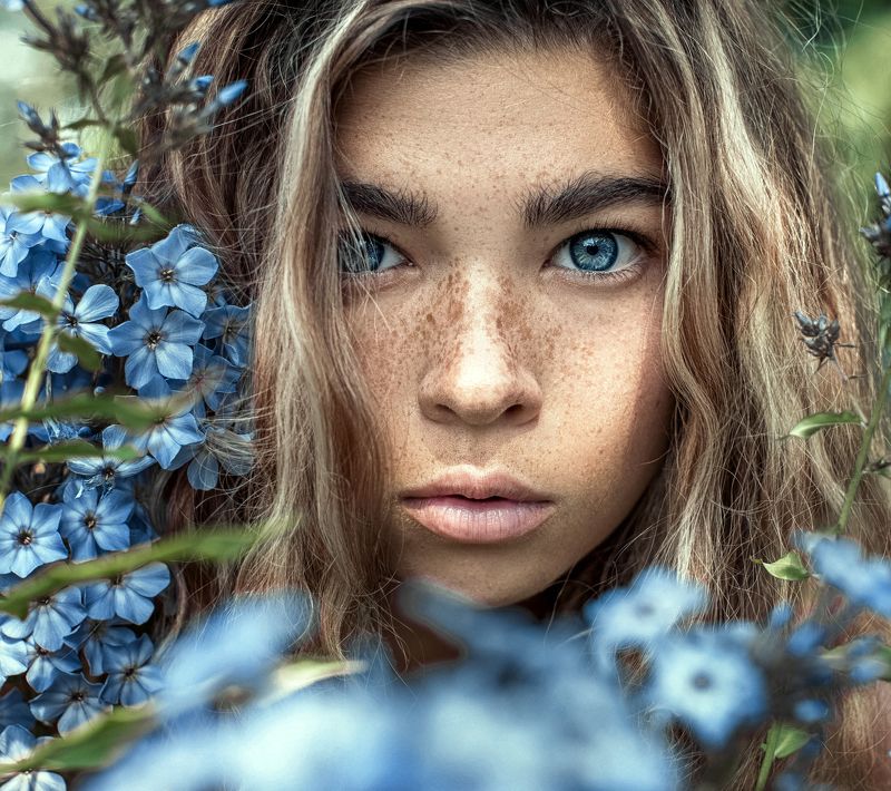 портрет, глаза, волосы, девушка, веснушки, лето, арт,  ... фото превью
