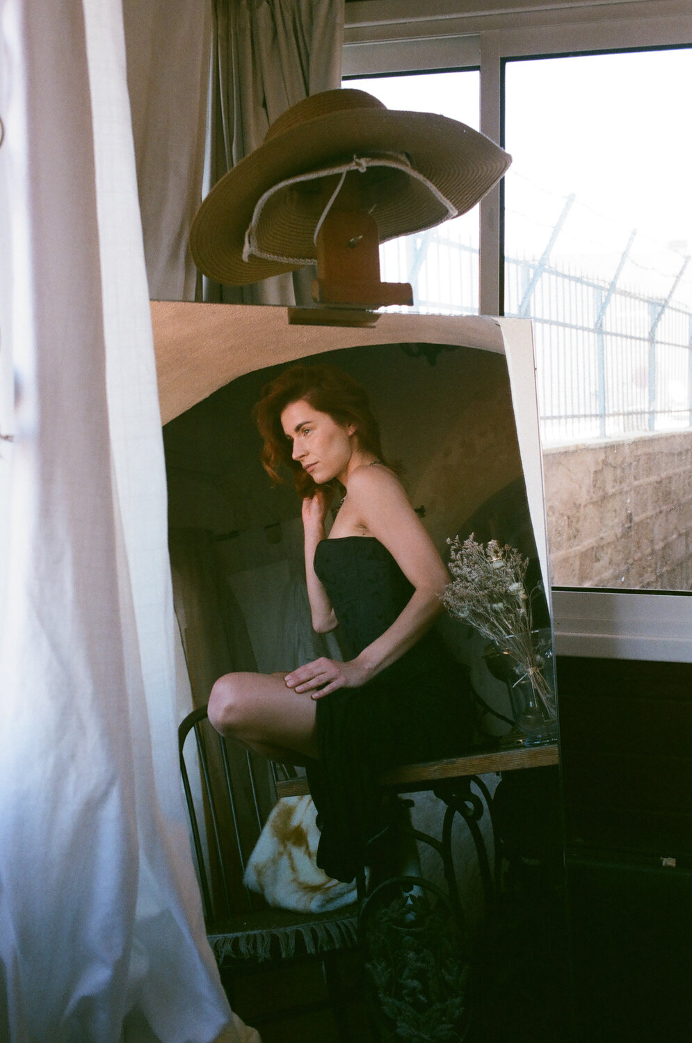 portrait, woman, studio, frame, natural, light, window, brunette, dress, black, seated, contemplative, artistic, moody, atmosphere, Rozman Erik
