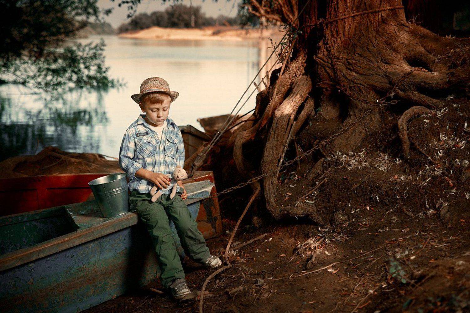 лодка, ребенок, мальчик, река, дерево, лето, Георгий Муравьёв
