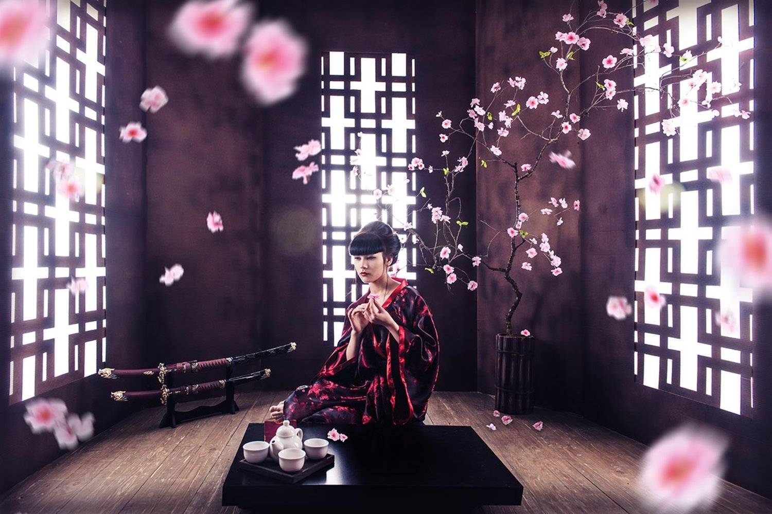 Япония, декорации, катана, чай, сакура,импульсный свет, ретушь,красивая девушка, окно, утро., vadim