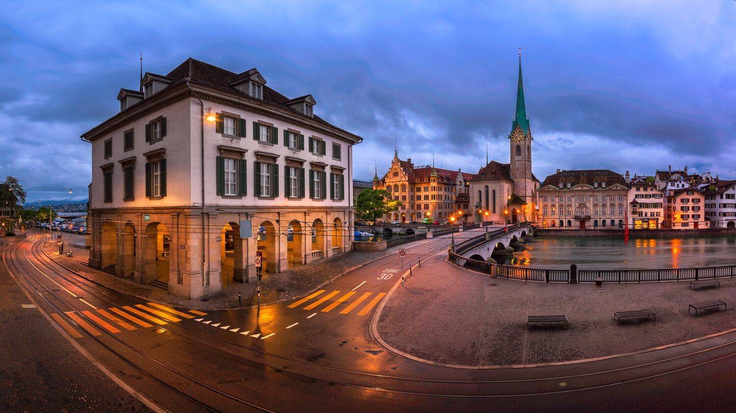 architecture, bell, blue, bridge, capital, cathedral, church, city, cityscape, clock, dark, dusk, embankment, europe, european, evening, fraumuenster, fraumunster, historic, history, house, illuminated, landmark, lights, limmat, medieval, munster, munster, Andrey Omelyanchuk
