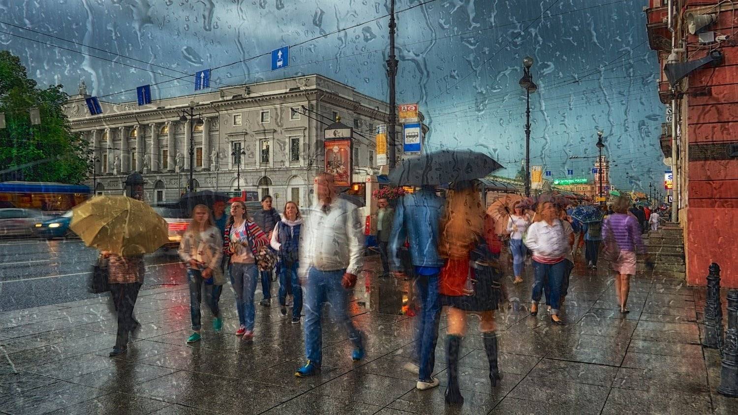 Russia, Sankt&ndash;Petersburg, Nevsky, bright, rain, shower, light, summer, glass, raindrop, boulevard, city, cityscape, outdoor, avenue, colorful, sky, travel, travel destination, clouds, evening, travel and tourism, tree, view, HDR, long exposure, thunderbol, Эдуард Горобец