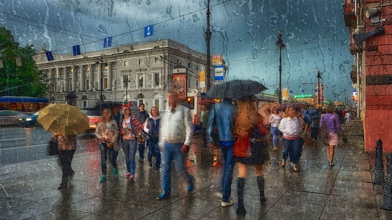 Russia, Sankt–Petersburg, Nevsky, bright, rain, shower, light, summer, glass, raindrop, boulevard, city, cityscape, outdoor, avenue, colorful, sky, travel, travel destination, clouds, evening, travel and tourism, tree, view, HDR, long exposure, thunderbol Nevsky фото превью