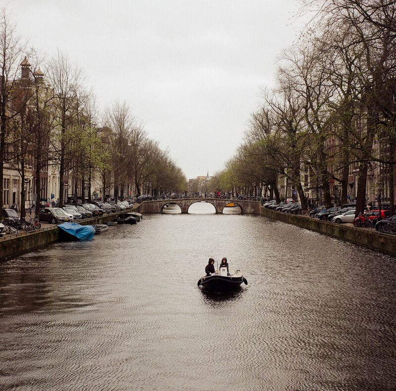 amsterdam, canal, boat, rowboat, water, urban, city, architecture, trees, winter, overcast, gray, symmetry, perspective, travel Solitude in the City of Canals (Amsterdam) фото превью