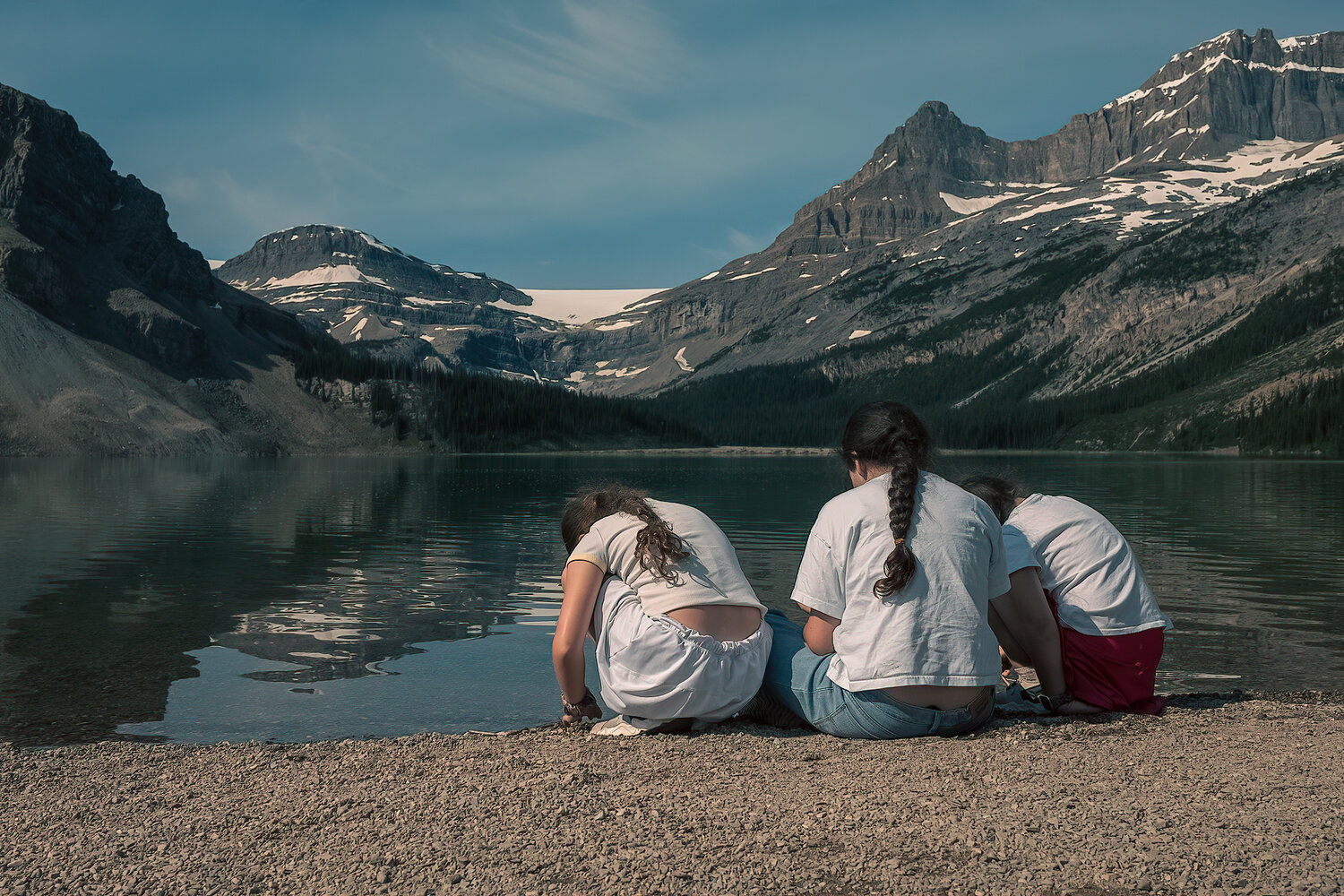 Lake, water, glacier, mountains, girls, summer, summertime, Bouguereau, painting, nature, snow, snow capped, Julius LIU