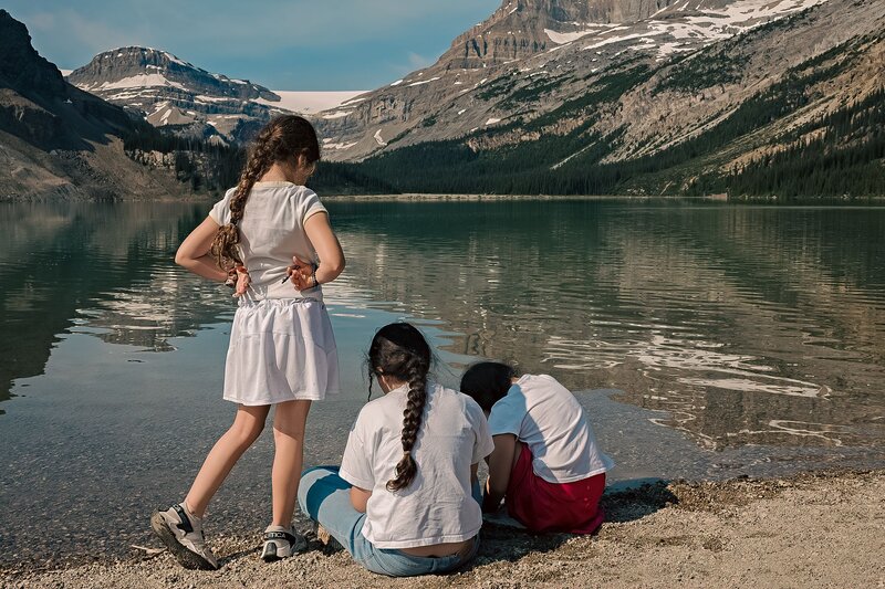 Lake, water, glacier, mountains, girls, summer, summertime, Bouguereau, painting, nature, snow, snow-capped mountains, clear Summertime (series) фото превью