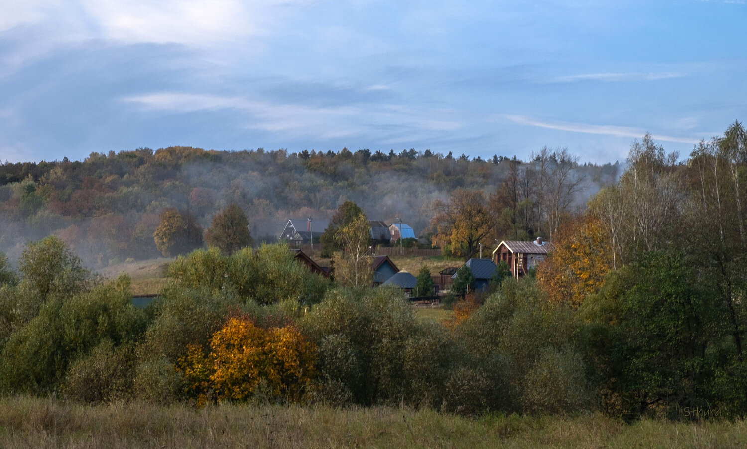осень, вечер, дома, дым, природа, пейзаж, Александр Строков