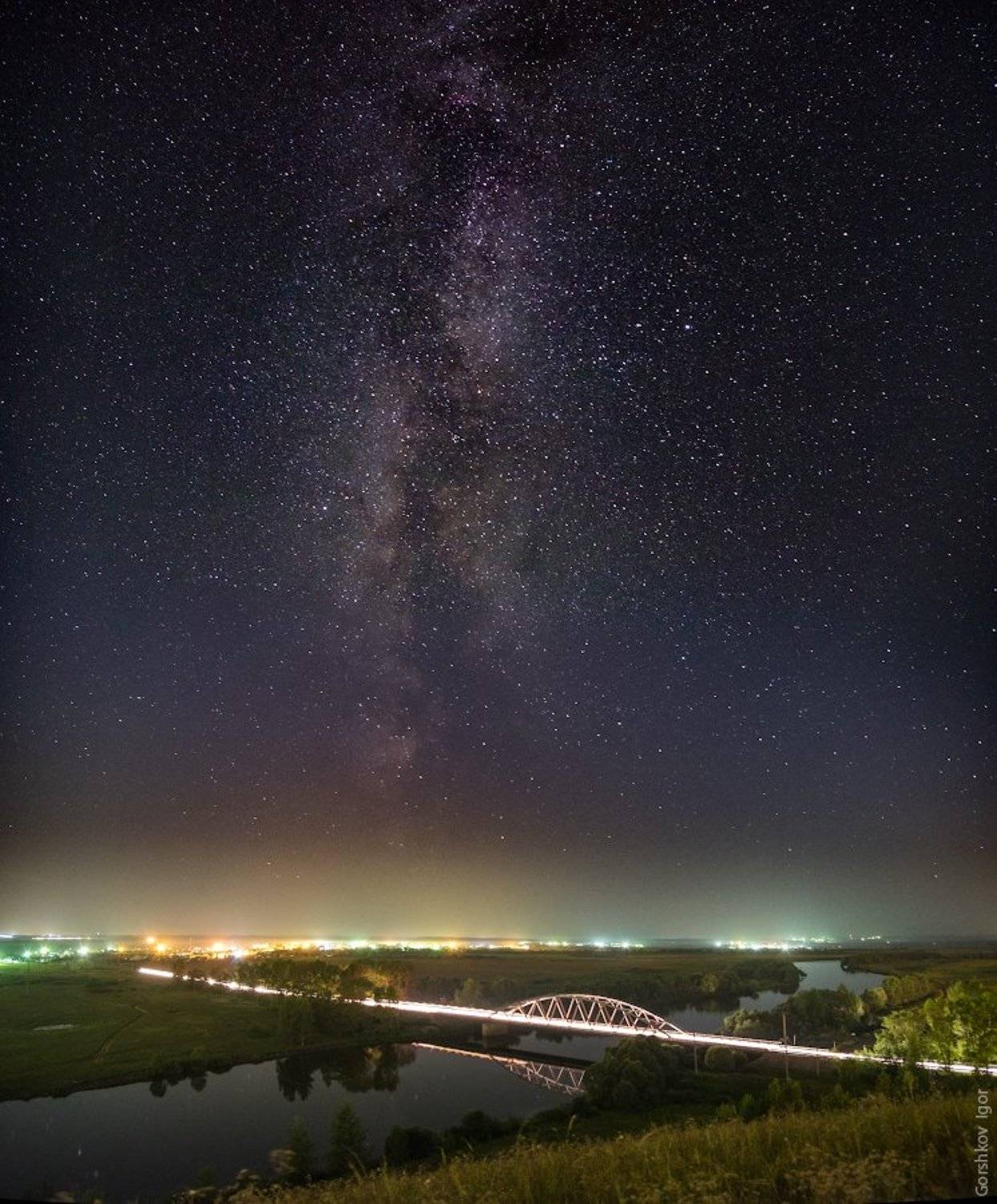дорога, звёздное небо, звёзды, млечный путь, мост, ночное небо, ночной пейзаж, ночь, панорама, пейзаж, река, свет, татарстан, Горшков Игорь