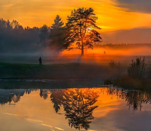 Туманный закат после дождя.