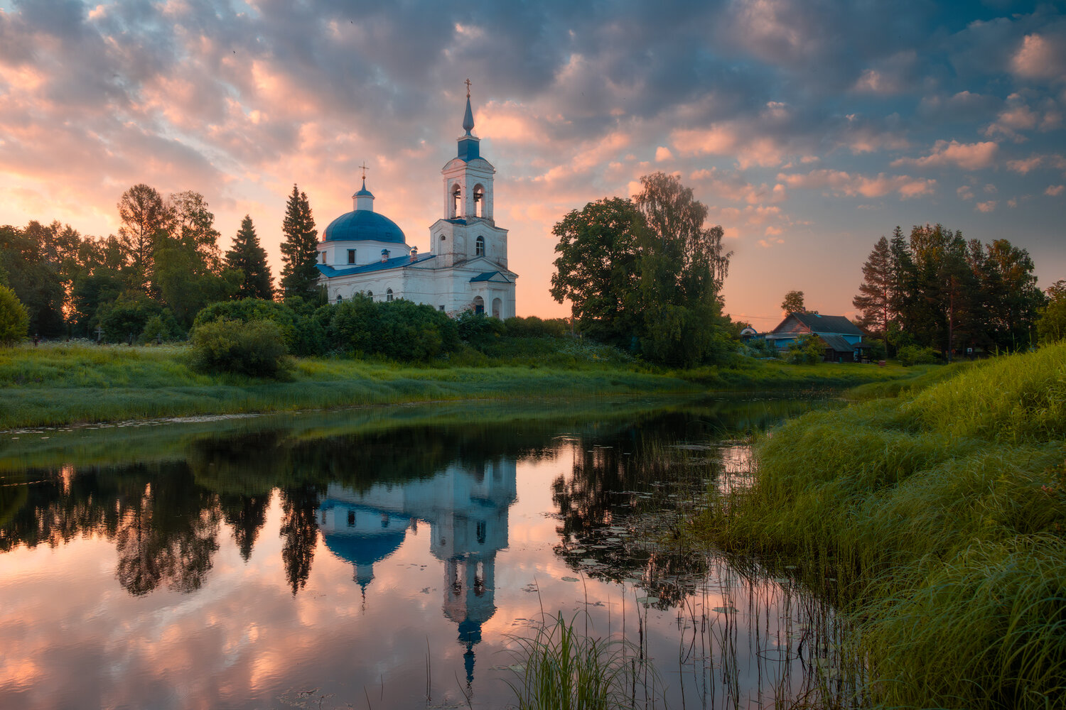 утро, церковь, погост, новгородская область, рассвет, отражения, небо, Cтанислав Малых