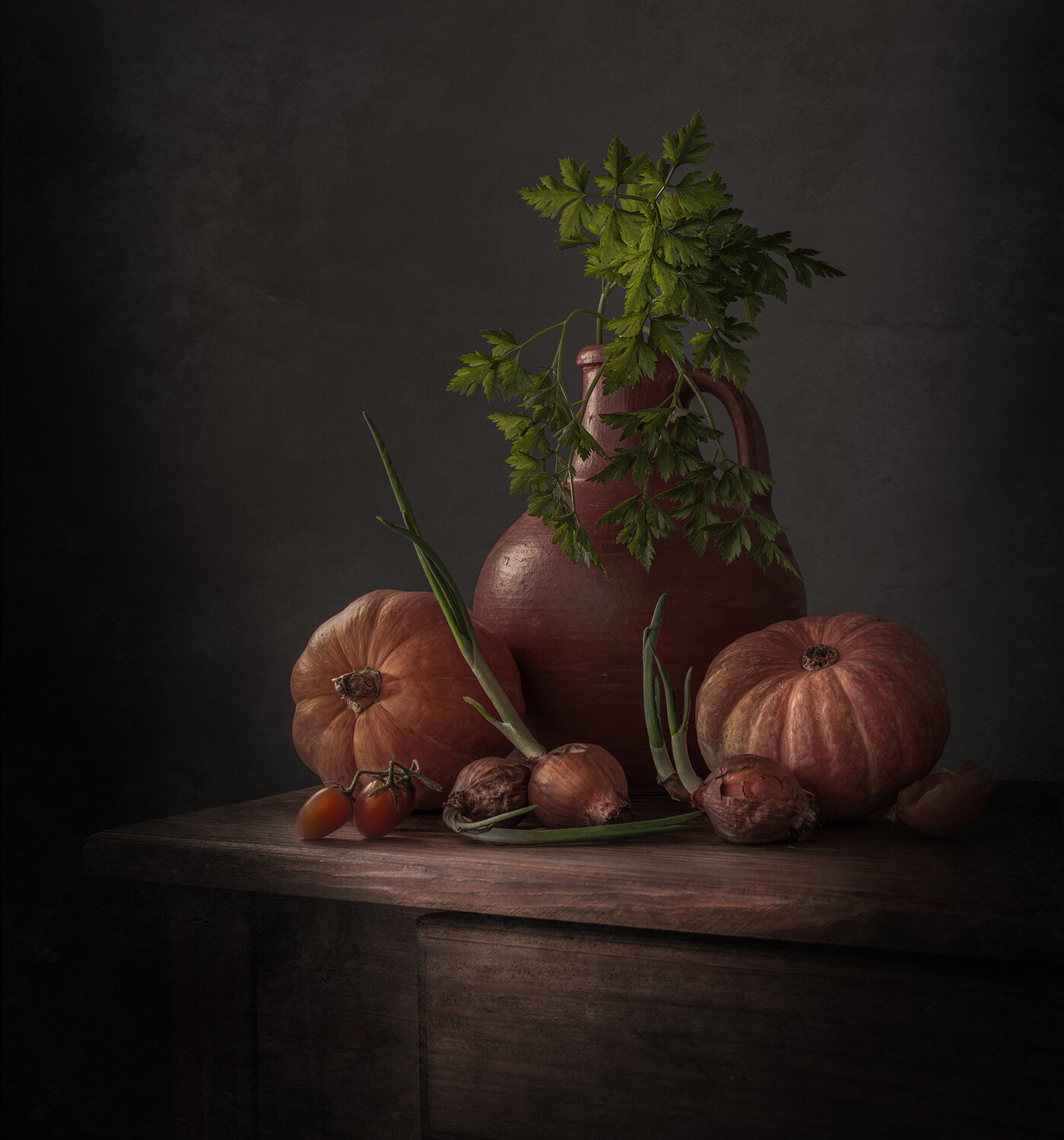 Still life, Sprouting, onion, Parsley, green, light, pumpkins, texture, Maria Margareth Perfoncio