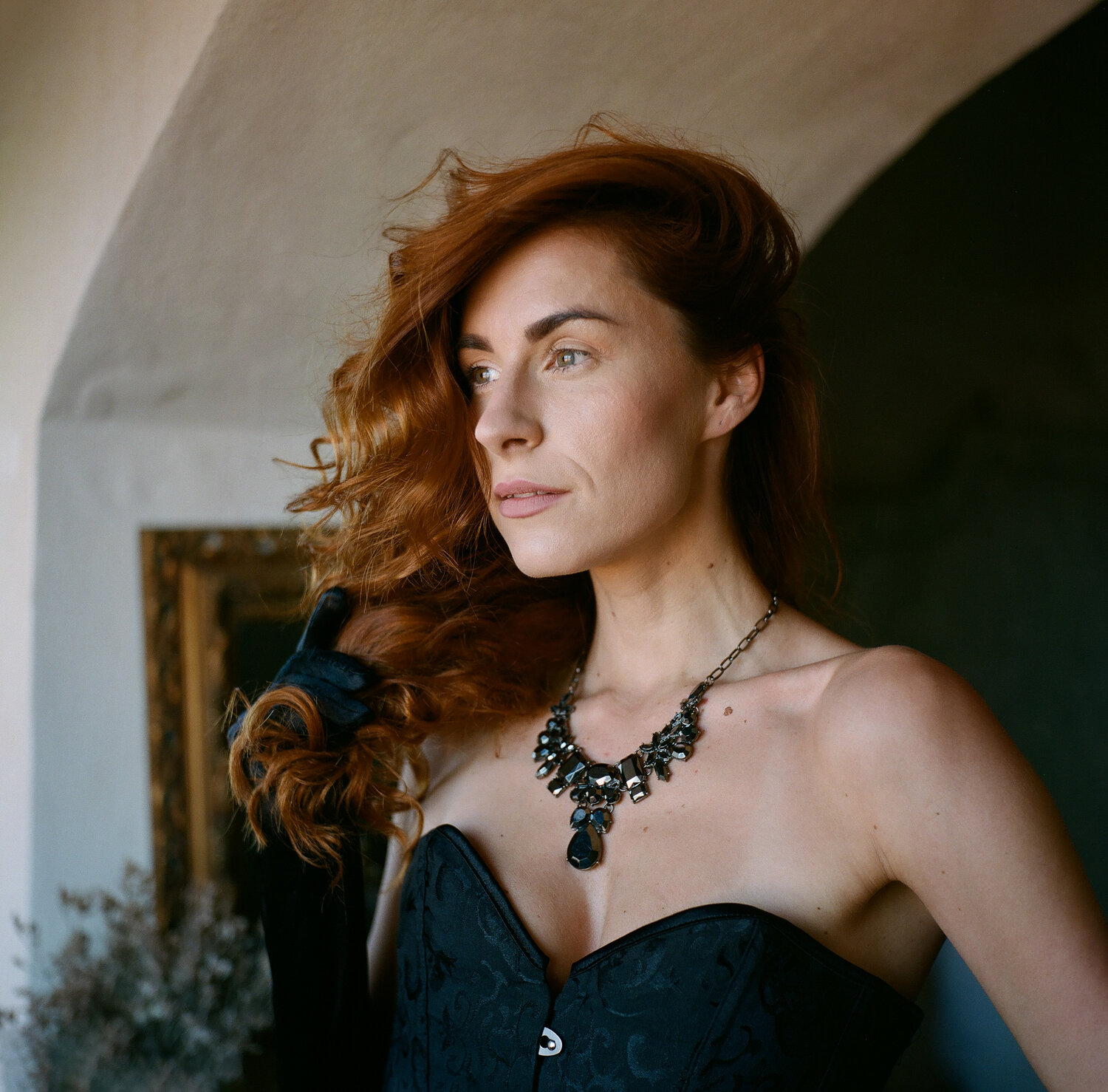 portrait, woman, fashion, elegant, corset, necklace, jewelry, interior, natural, light, window, green, wall, redhead, auburn, Rozman Erik