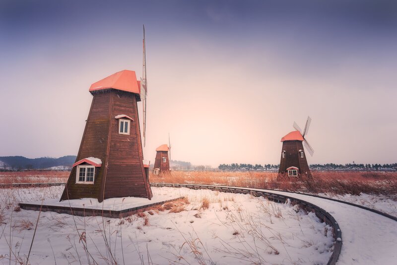Scenery, sunrise, romantic, snowy landscape, windmill, tourism Romantic morning фото превью