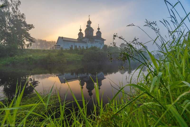 карелия, олонец, мегрега, роса, утро, туман, лето, июль, храм Туманное утро фото превью