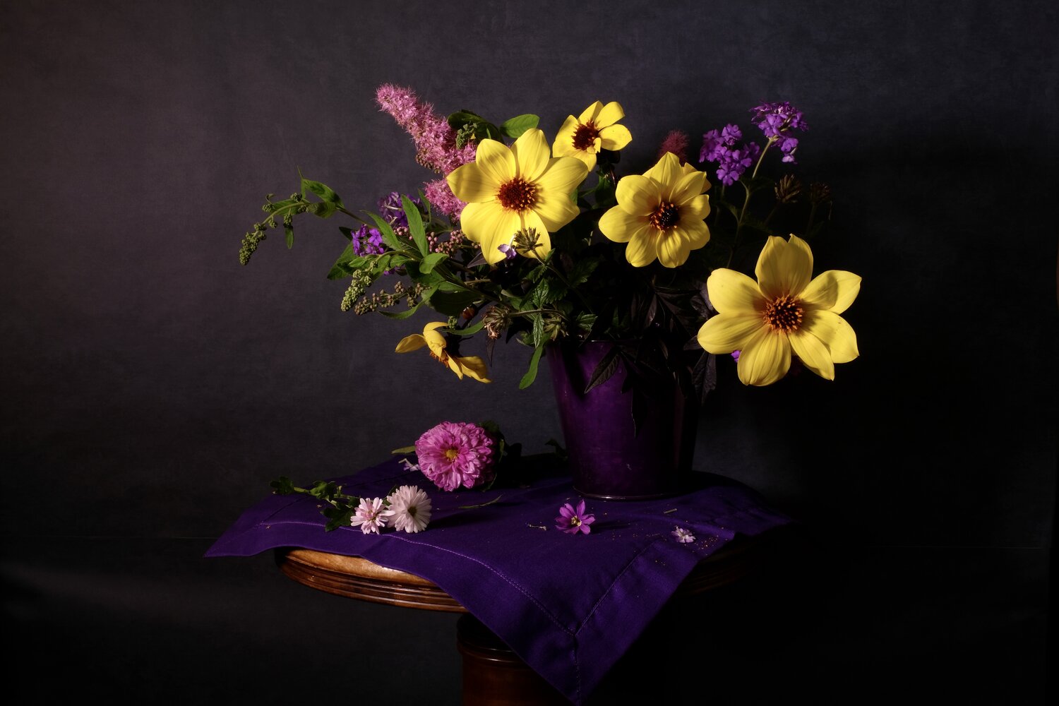 Still life, August, Colorful, Flowers, Yellow, Purple, Colors, Mood, Svetlana Povarova Ree