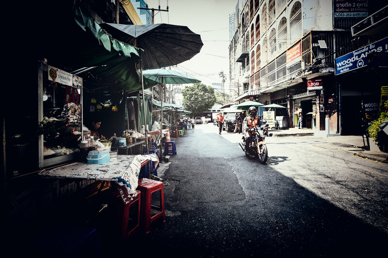 street, urban, morning, city, architecture, motorcycle, umbrella, buildings, documentary, photography, atmospheric, perspective, depth, contrast, light Where Shadows Hold the Morning Light (Bangkok 1) фото превью