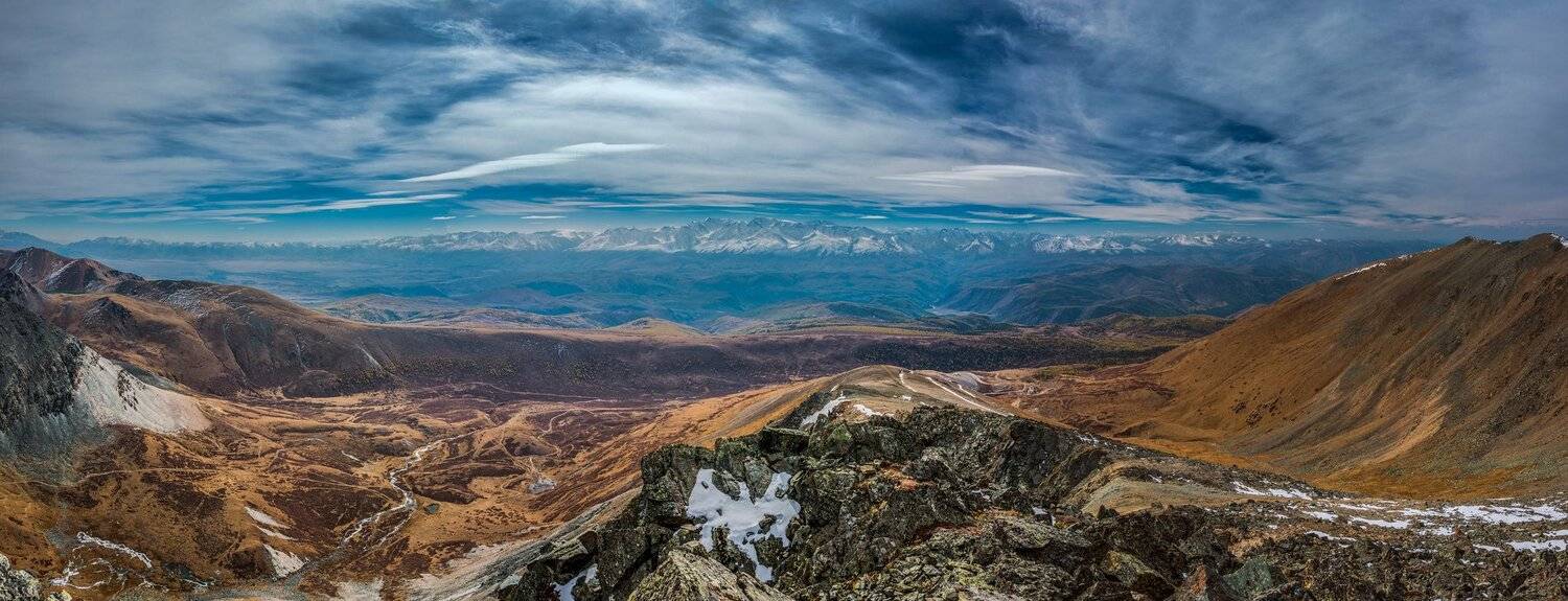 Алтай, горы, осень, утро, небо, облака, панорама, Курайский хребет, Северо-Чуйский хребет, Горный Алтай, ледники, снег, Сергей Ослопов