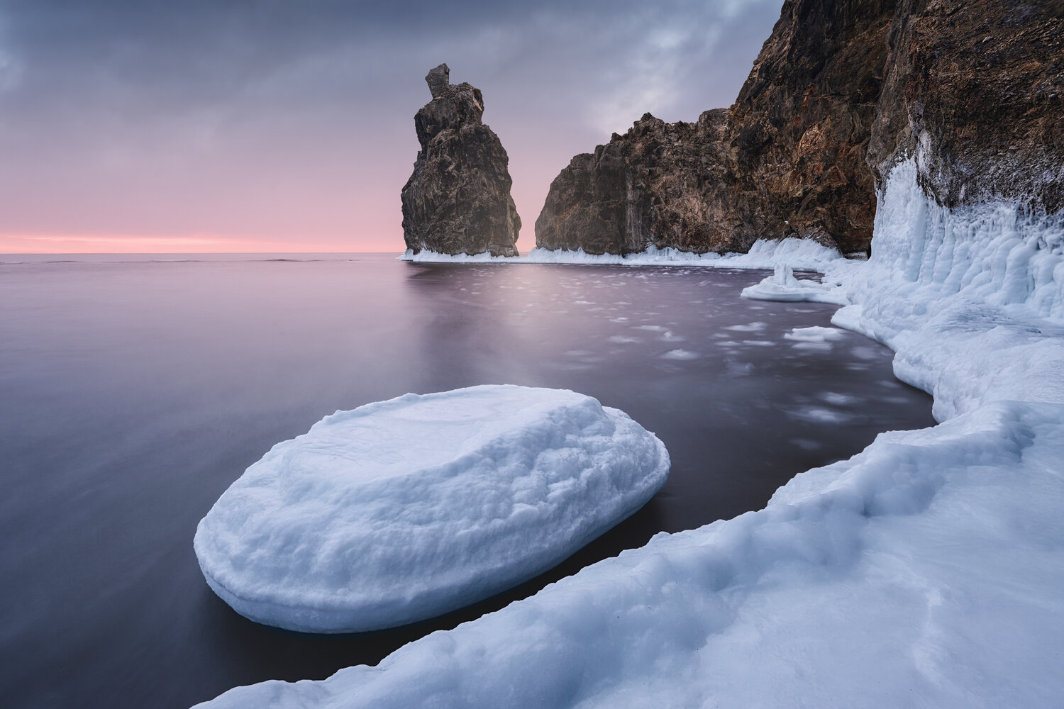 landscape, seascape, winter, ice, frozen, sea stack, cliffs, sunrise, long exposure, nature, cold, clouds, ocean, water, reflection, serene, peaceful, overcast, wilderness, moody, пейзаж, море, приморье, рассвет, зима, природа, Андрей