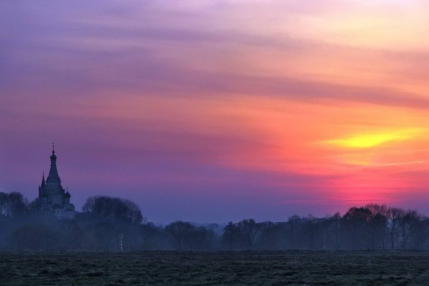 закат, солнце, поле, церковь, Елена Ворона