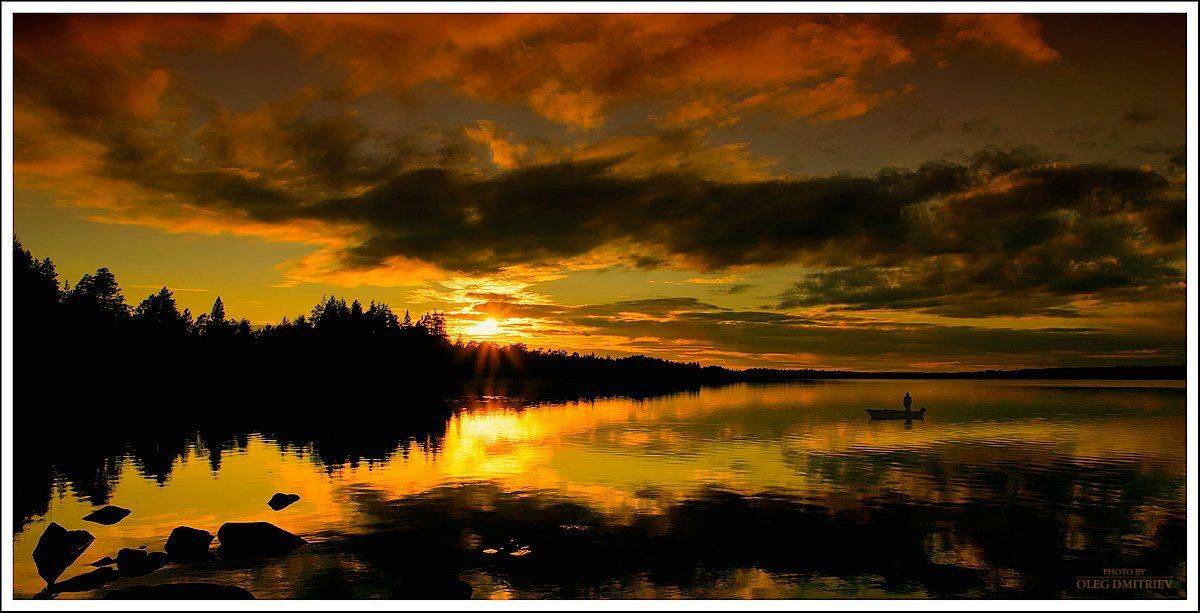 карелия, золото, лето, озеро, закат, камни, берег, сосны, пейзаж, Oleg Dmitriev