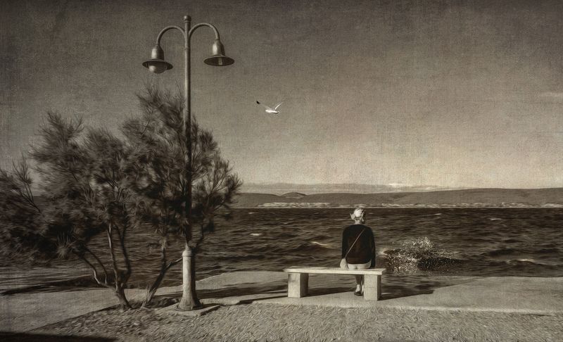 Девушка, Море, Фонарь, Чайка, Чб alone with the sea.. фото превью