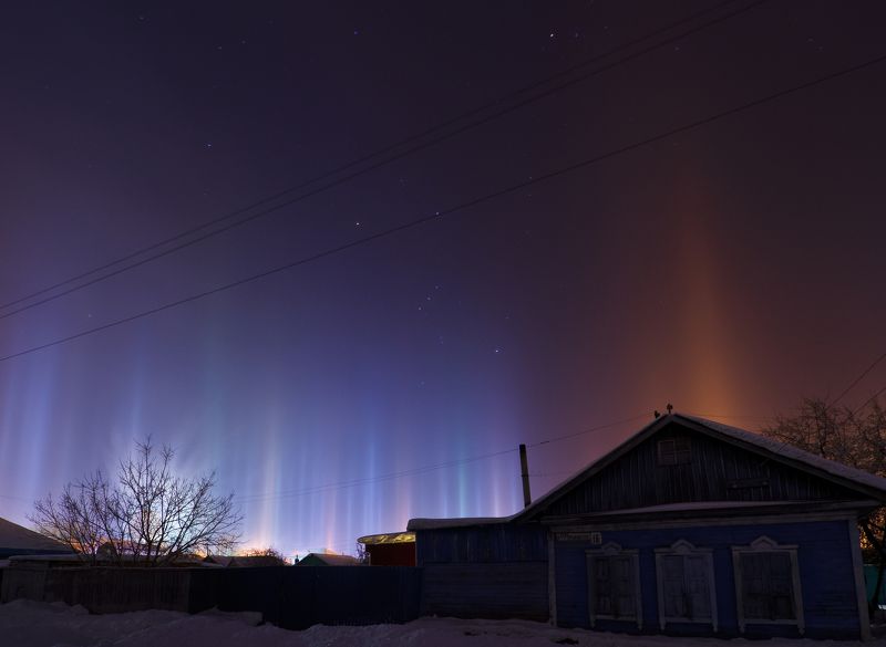 пейзаж омск зима световые столбы деревня Световые столбы фото превью
