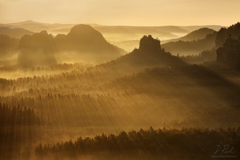 Germany, Czech-saxon Switzerland, Saxon Switzerland, Saxony, Sächsische schweiz, Kleiner Winterberg, Winterberg, Klainer Zschand, Elbe Sandstone, elbsandstein, elbsandsteingebirge, sandstone, europe, sunbeams, trees, sky, landscape, forest,  daniel rerich Sunbeams in the landscape фото превью