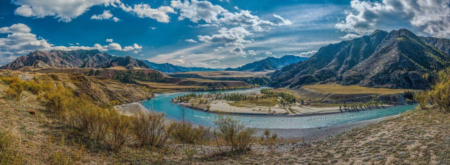 реки, горы, небо, облака, Горный Алтай, Катунь, Чуя, осень, пейзаж, природа, панорама, Сергей Ослопов