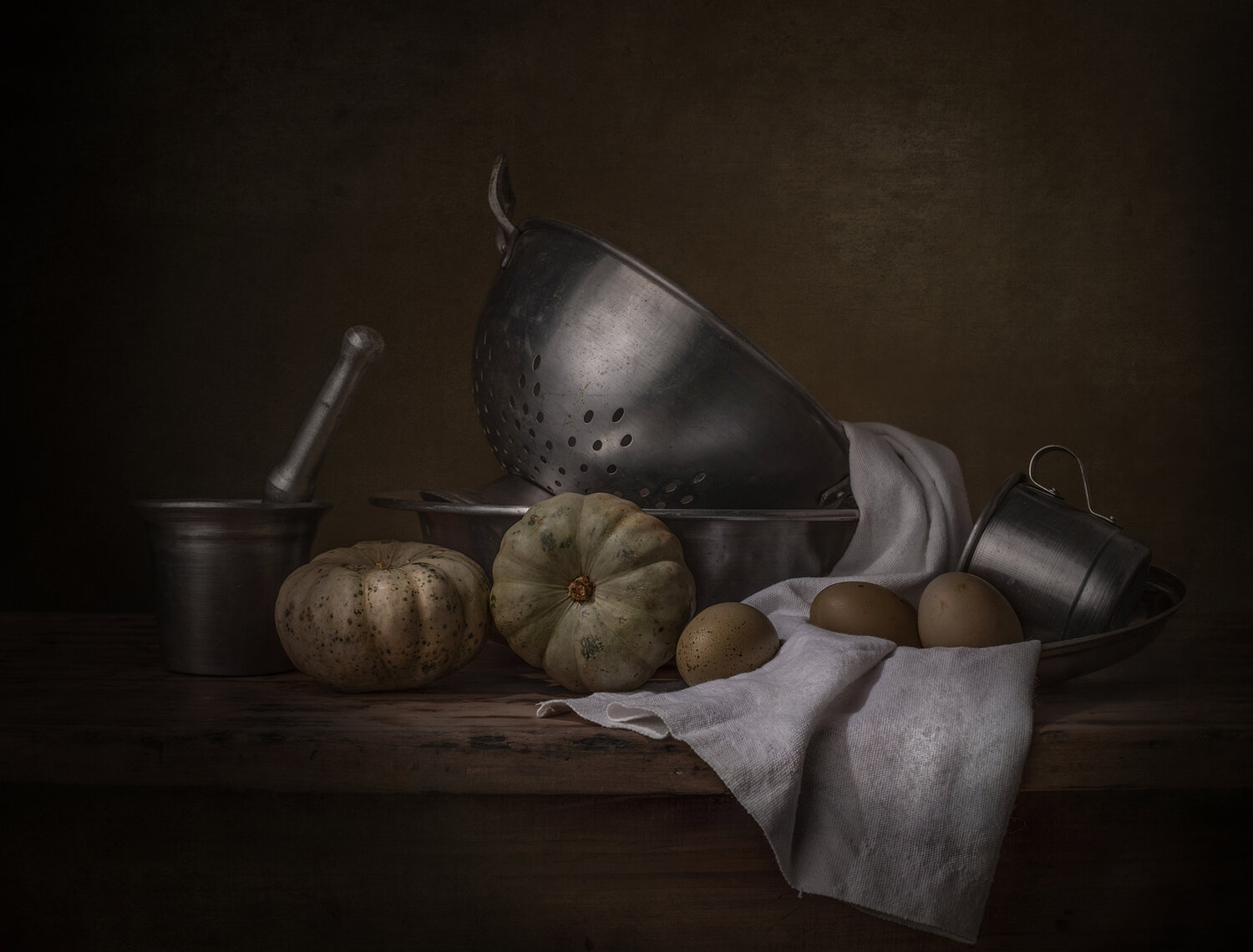 Still life, pumpkins, eggs, aluminum, light, texture, Maria Margareth Perfoncio