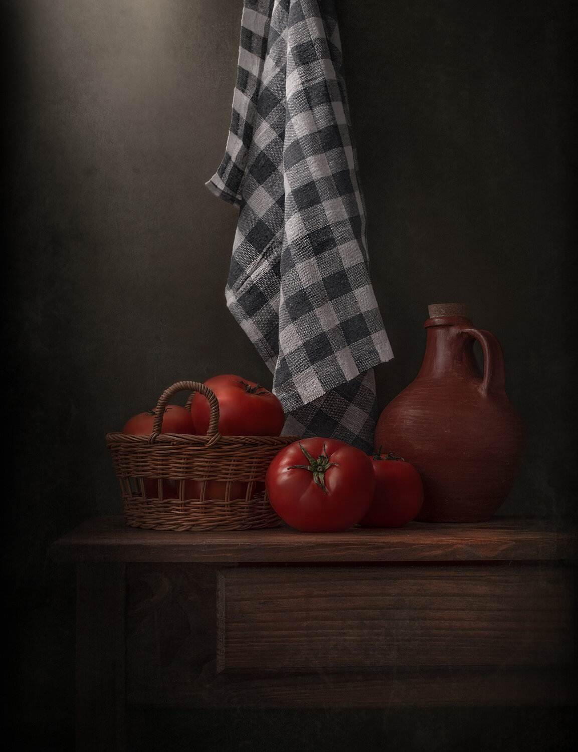 Still life, tomatoes, red, jug, table, texture, light, Maria Margareth Perfoncio