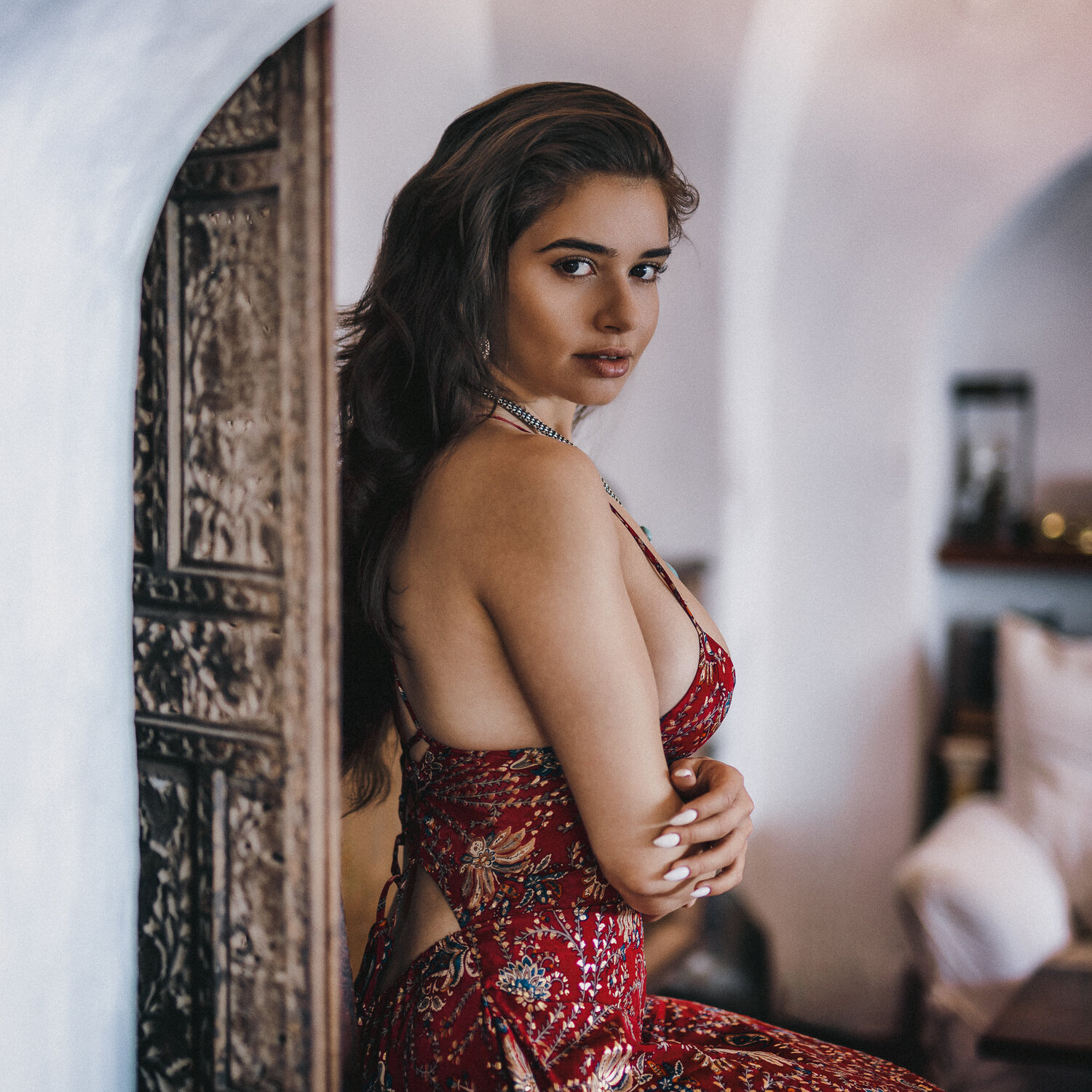 portrait, woman, fashion, elegant, red, dress, pattern, interior, natural, light, window, architecture, ornate, decorative, confident, Rozman Erik