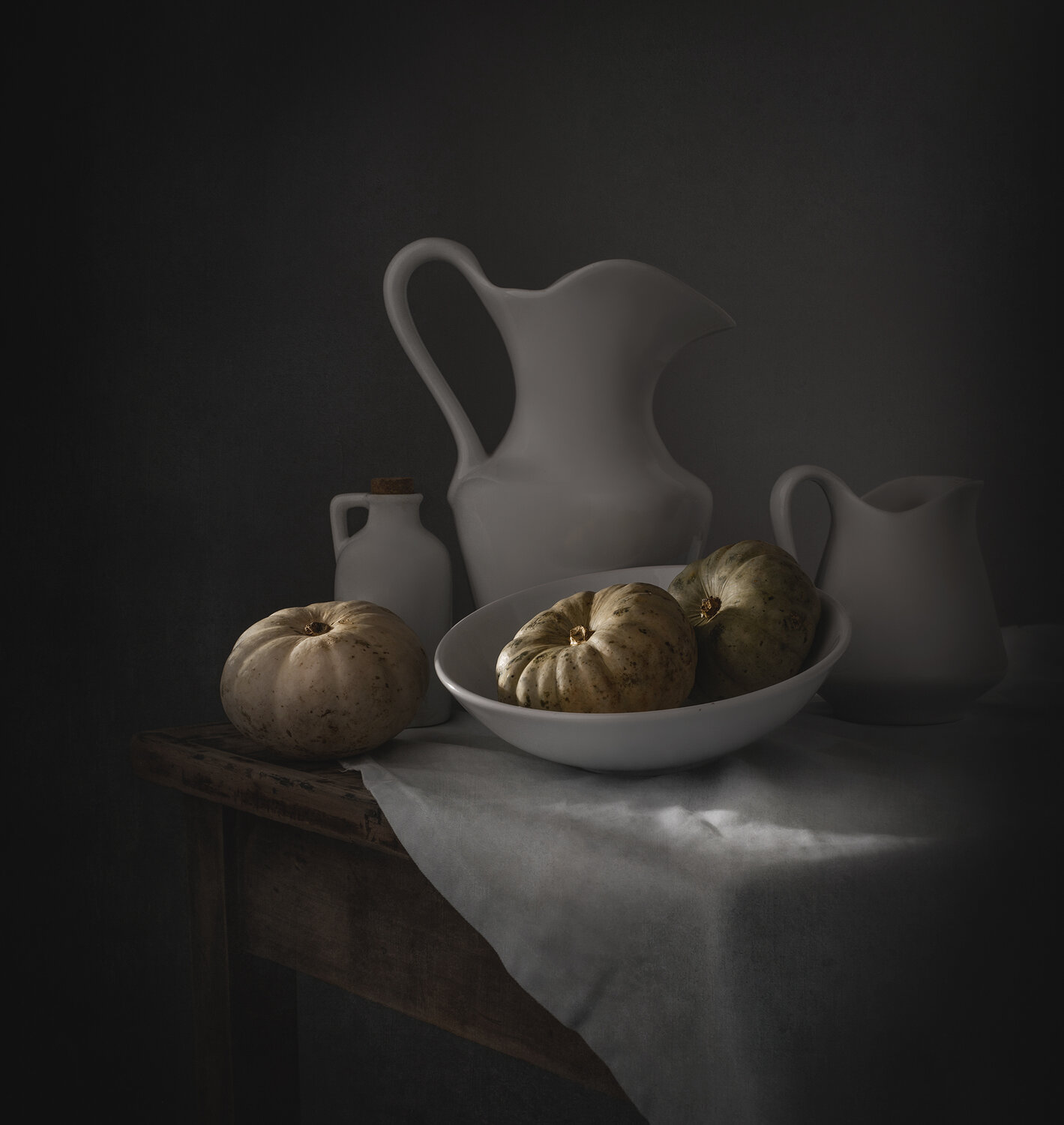 Still life, pumpkins, jug, light, texture, white, Maria Margareth Perfoncio