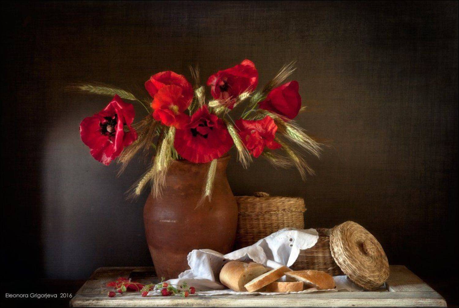 земляника, колосья, красный, лето, маки, натюрморт, хлеб, Eleonora Grigorjeva