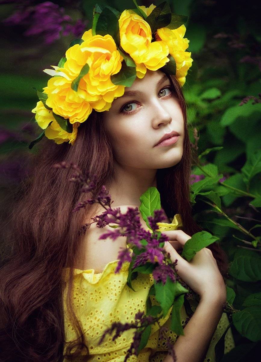 портрет, нимфа, девушка, лето, зелень, листва, венок, желтый, Антошина Татьяна