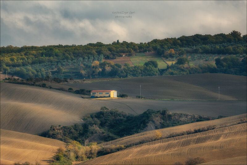 italy, тоскана, italia, pienza, италия, кипарис, toscana, осень, tuscany, небо, cipressi, ангар сельхозтехники, belvedere, пьенца, rural, тени, san quirico dorcia, пейзажи тосканы Жёлтый ангар фото превью