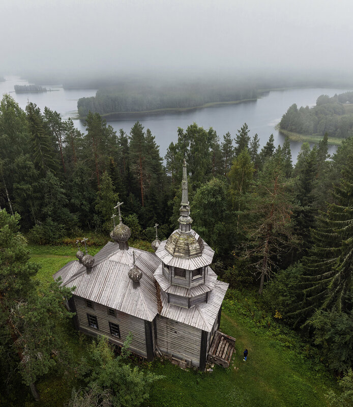 кенозерье, хижгора, церковь, церковьалександра свирского, аэросъемка, вид сверху, архангельская область, каргопольский район, пейзаж Церковь Александра Свирского на Хижгоре. Кенозерский национальный парк, Архангельская область фото превью