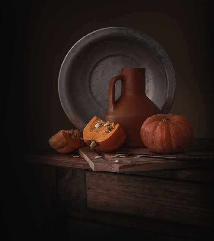 Still life, pumpkins, aluminum, knife, light, shadow Pumpkins for dinner фото превью