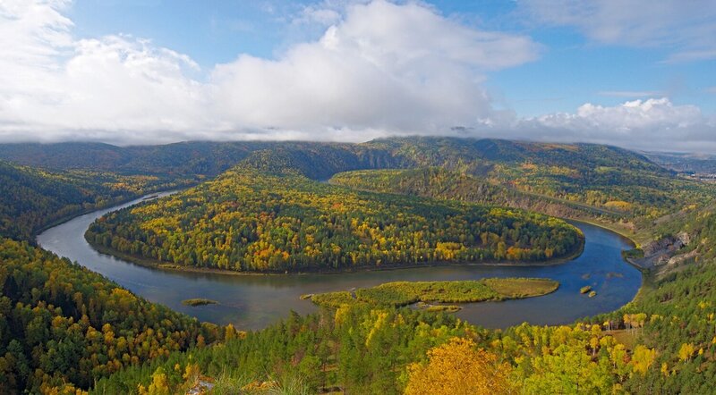 река, мана, осень, скалы, петли, меандры, туман, горы Манские петли фото превью