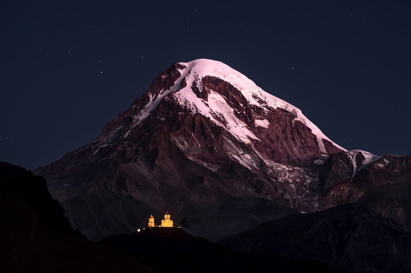 кавказ, грузия, georgia, гора, казбек, казбеги, гергети, храм Ночь, храм, Казбек фото превью