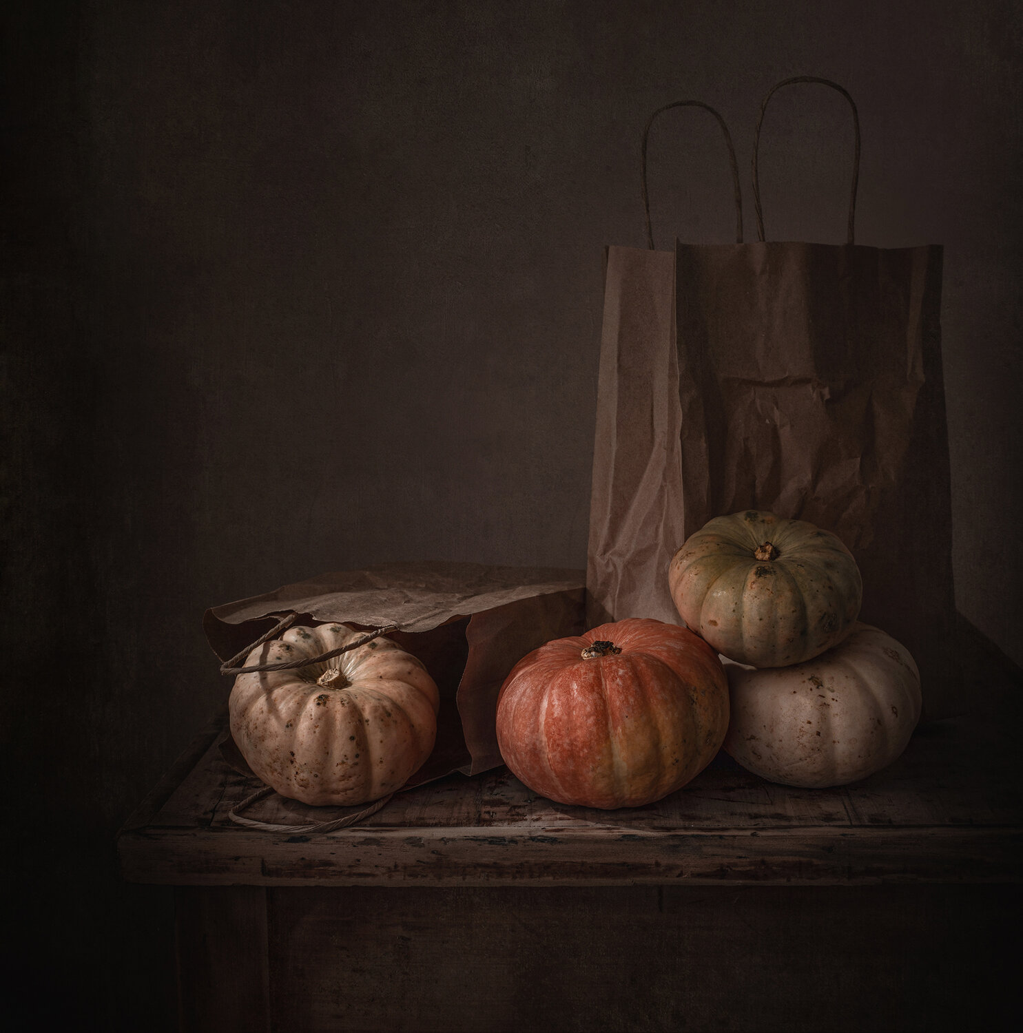 Still life, pumpkins, paper bag, table, light, shadow, Perfoncio Maria Margareth