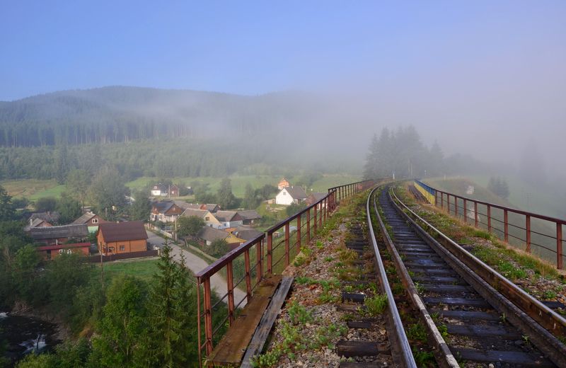 Закарпатье, Лазещина, Лето, Туман, Утро В туман дорога уводящая фото превью