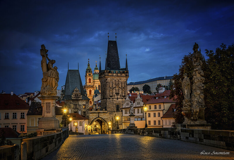 prague, street, travel, blu, hour, tower, brid Prague by night фото превью