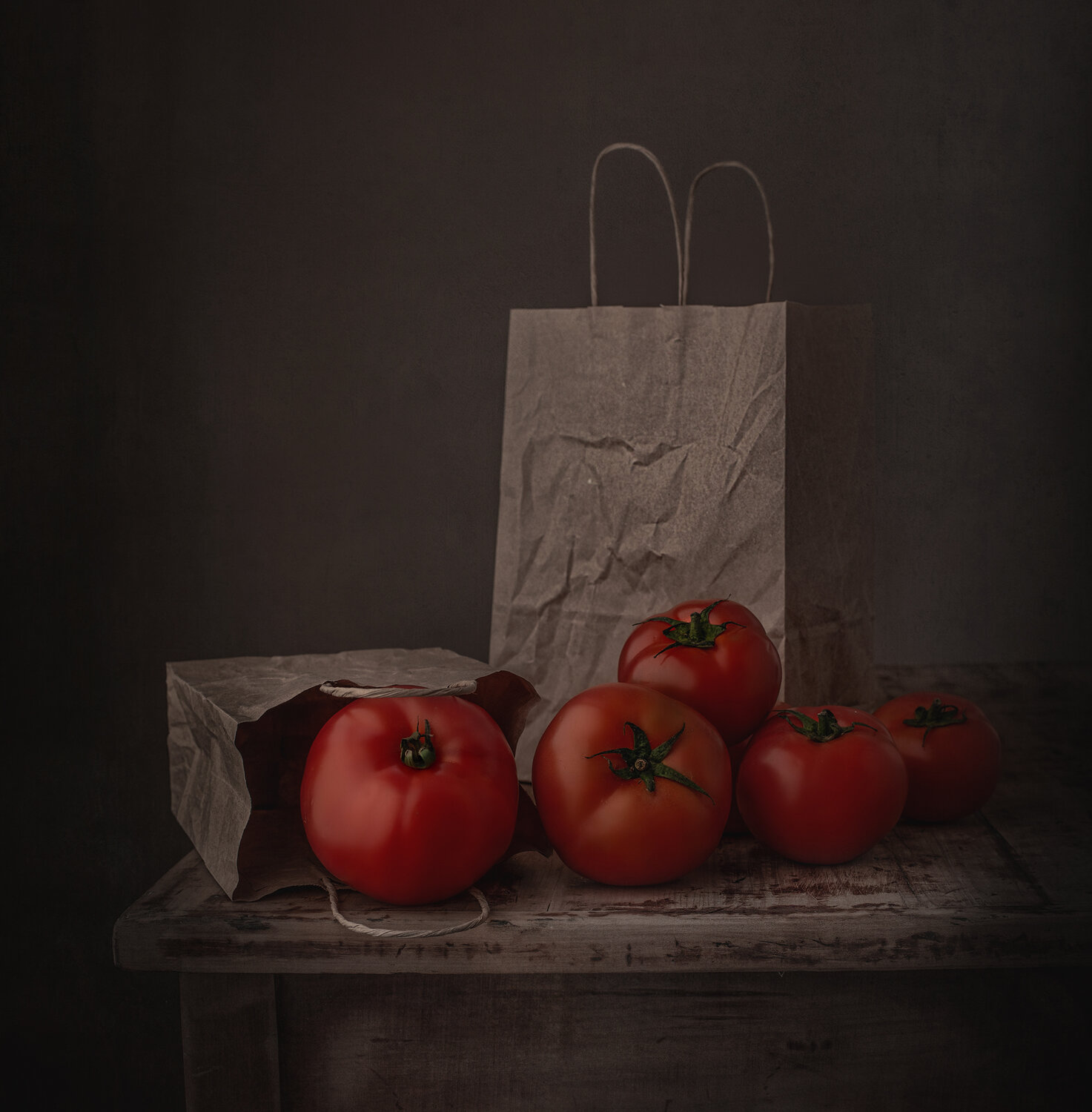 Still life, Tomatoes, salad, light, paper bag, texture, Perfoncio Maria Margareth