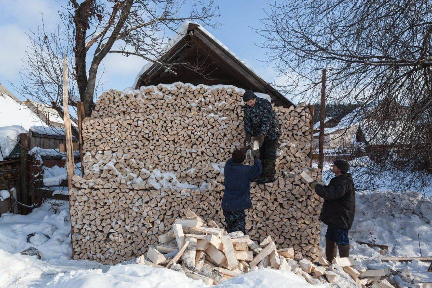 Дрова береза поленья поленница люди избушка зима стройка, Георгий Машковцев