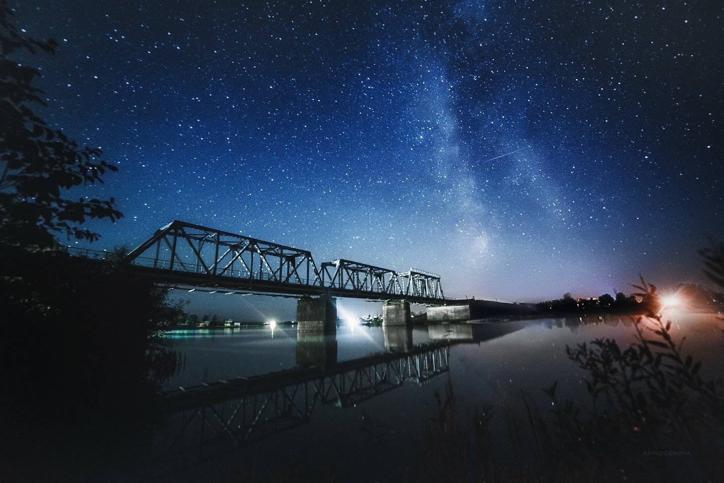 ночь, звезды, млечныйпуть, мост, отражение, вода, река, Татьяна Афиногенова