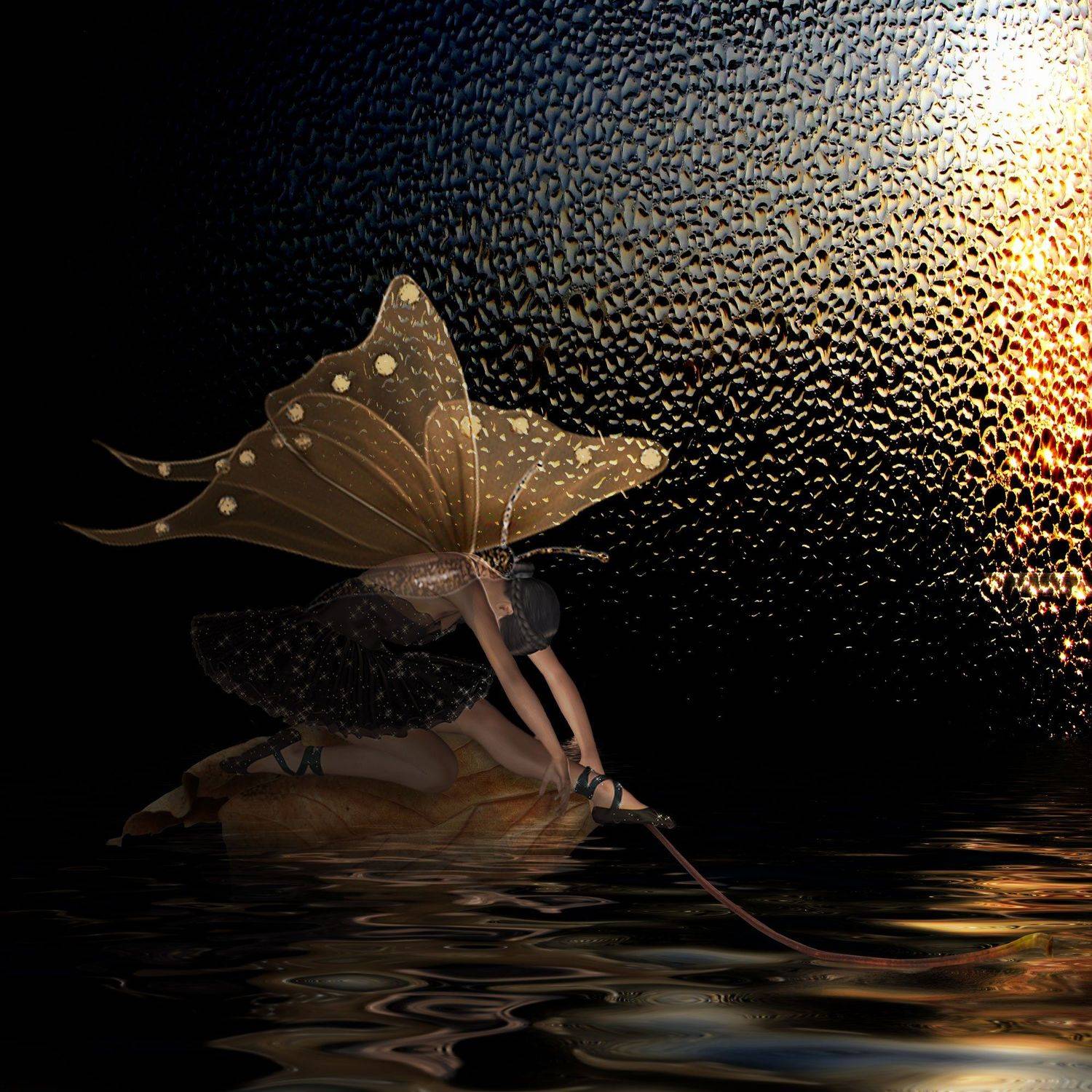 бабочка, вода, девушка, лист,осень, Nataliorion